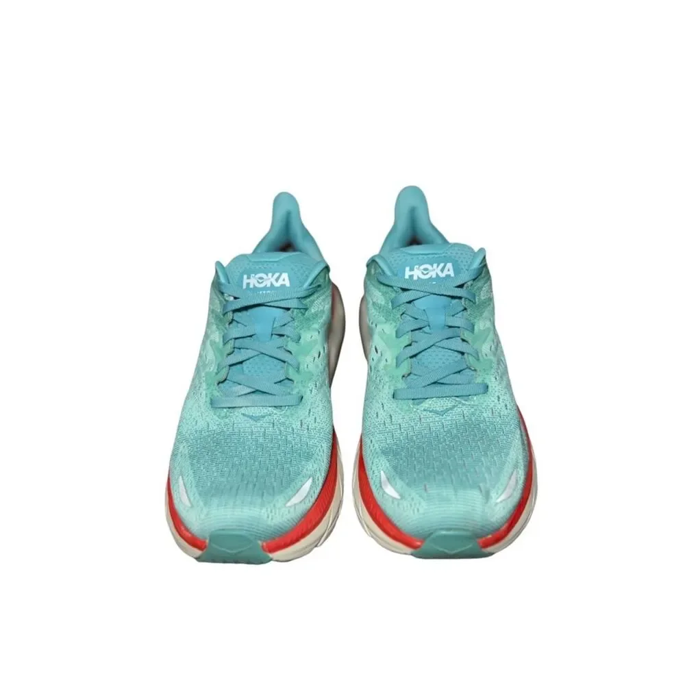 HOKA Clifton 8 wide Women's Teal Running Shoe with Red Accent size 9 D